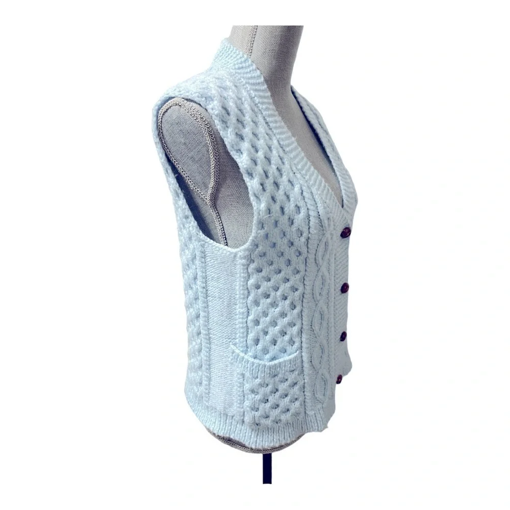 Baby Blue Chunky Hand Knit Vest 1970s Size Small